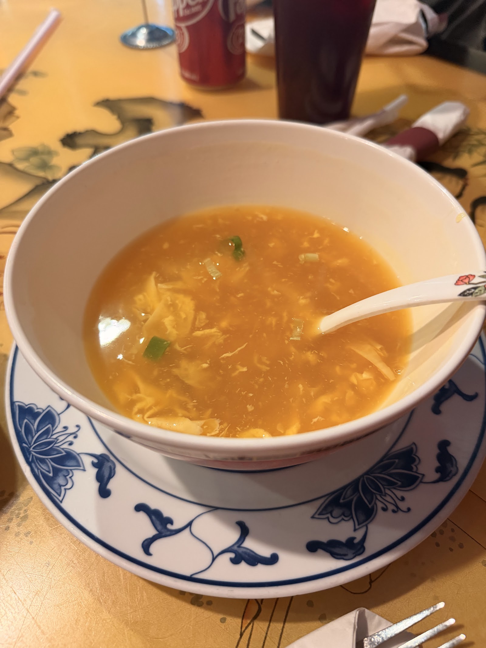 Bowl of egg drop soup with scallions